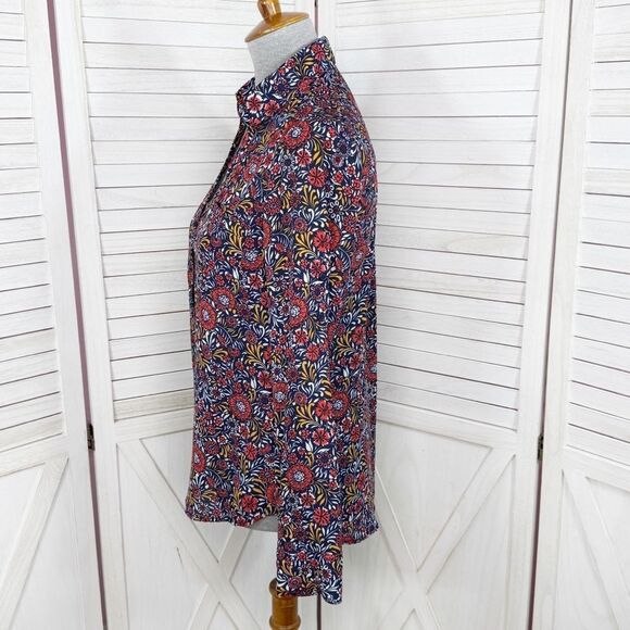 Express Floral Portofino Shirt Three Quarter Button Blouse Blue Red Small - Picture 2 of 11